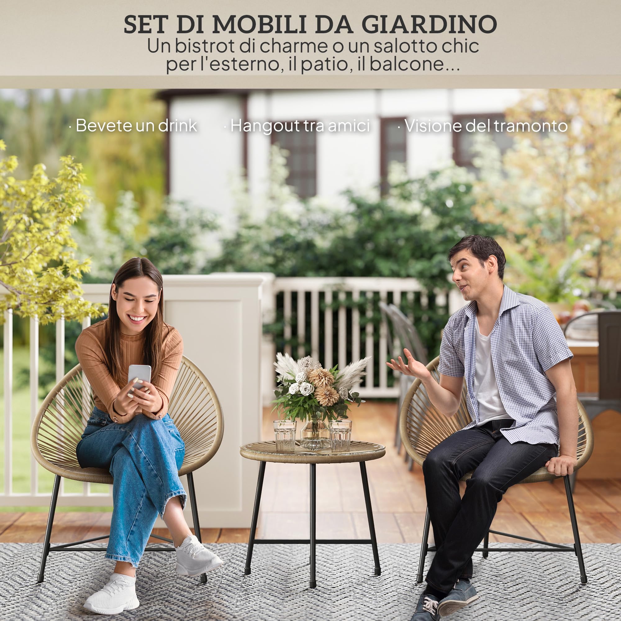 Outsunny Set da Giardino 3 Pezzi in Rattan PE e Acciaio, Tavolino da Caffè con Piano in Vetro