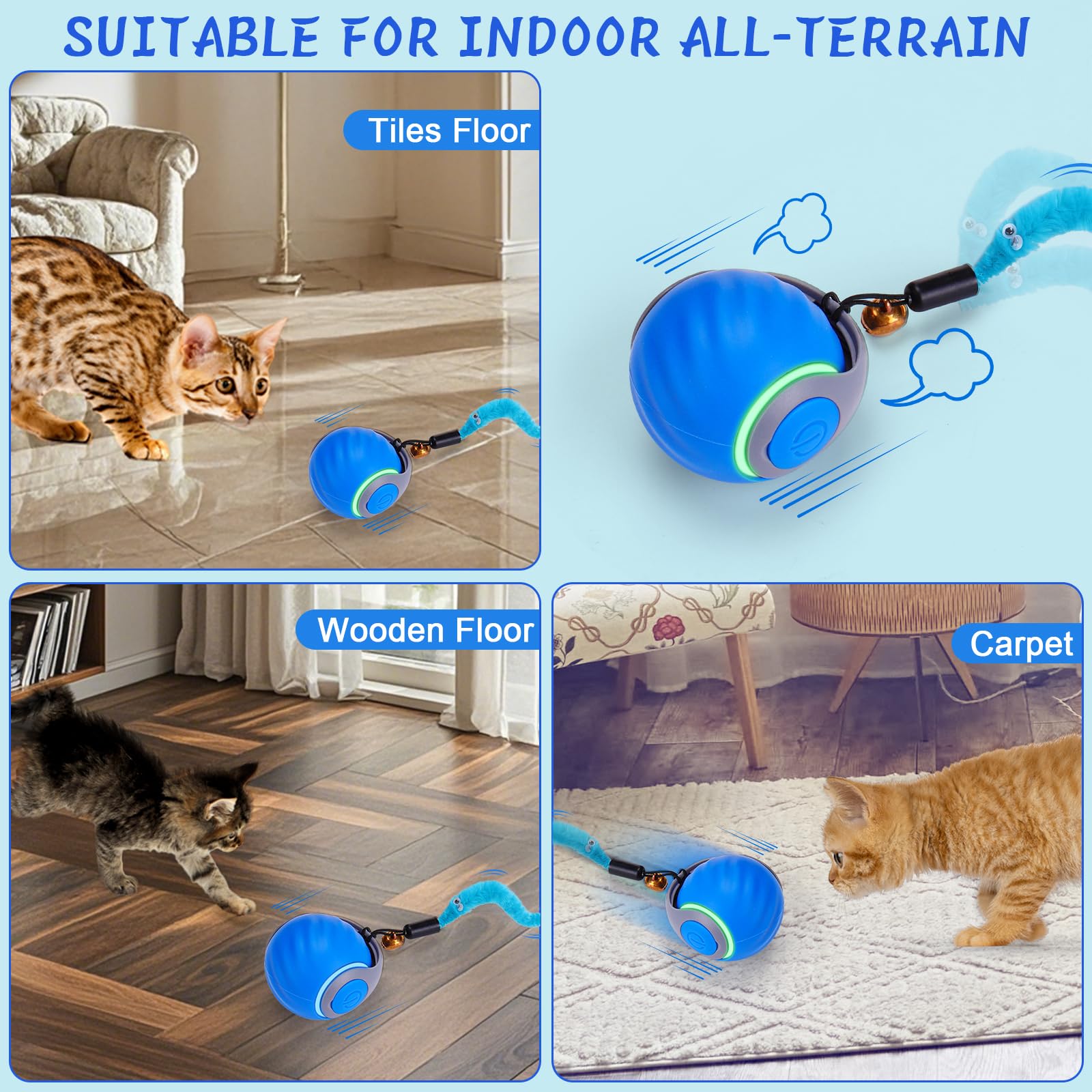 BABORUI Interactive Cat Toy Ball - Automatic Interactive Cat Toys for Indoor Cats with 3 Tails, 2 Speeds Rechargeable Cat Enrichment Toys for Small/Medium/Large Cats to Keep Them Busy(Blue) - image 6