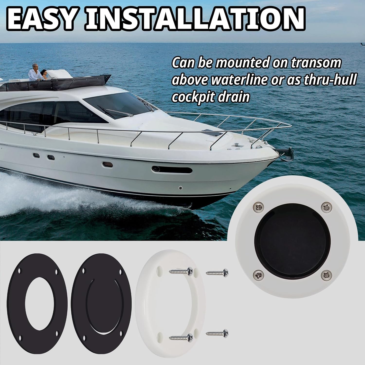 Boat Scuppers, Boat Self-Bailing Cockpit Mounted Scupper Valve Kit, Includes 2-7/8 inch Rubber Flapper Valve, Gasket, Retainer Ring and Screws, Suitable for Yachts, Fishing Boats, RVs