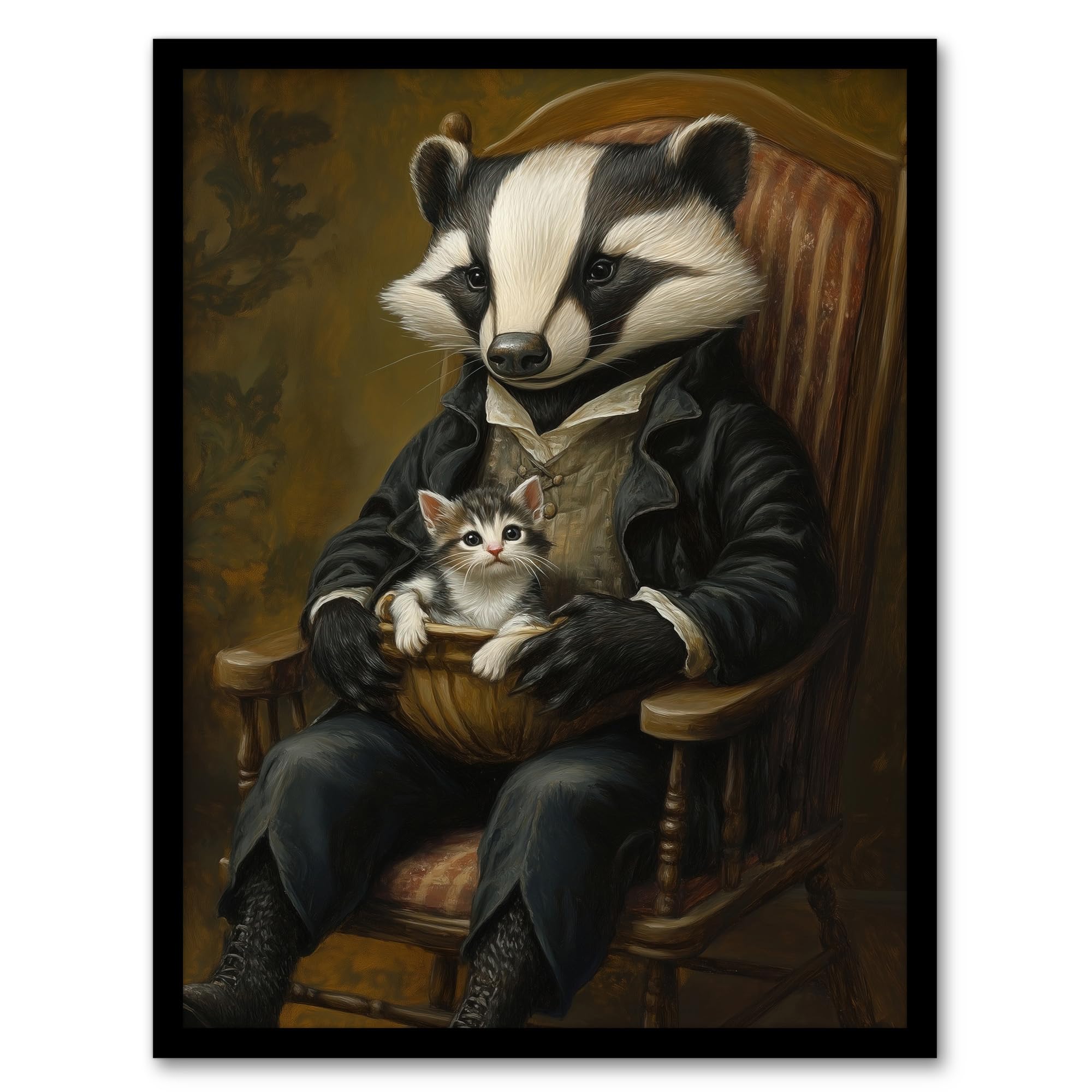 Artery8 Victorian Animals Fantasy Badger with a Kitten Nursery Kids Bedroom Artwork Framed Wall Art Print 18X24 Inch