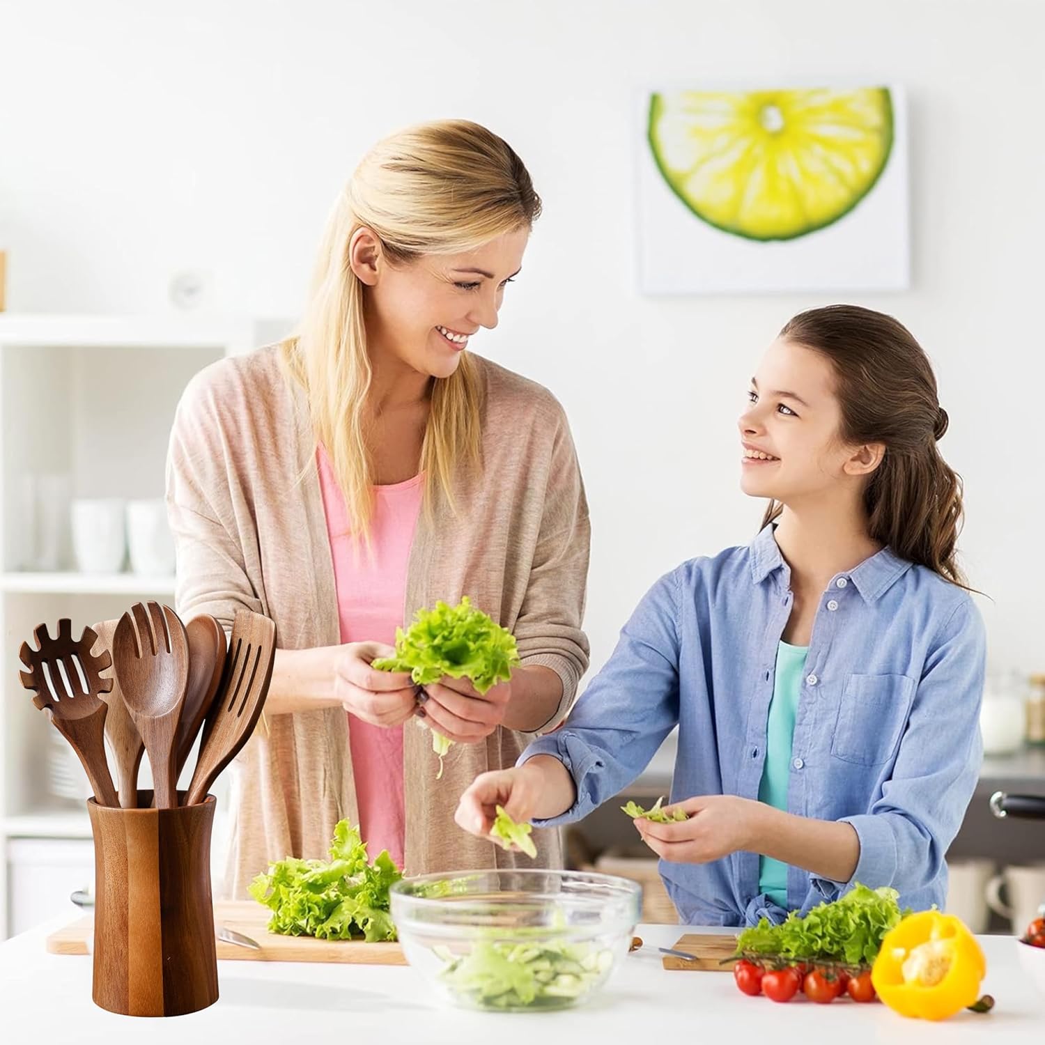 7 Piece Natural Acacia Wooden Kitchen Utensil Set with Holder - Wooden Spoons and fork for Cooking Comfort Grip Cooking Spoons, Spatulas, Strainer Spoon, Salad Fork, Mixing Spoon and Utensil Holder