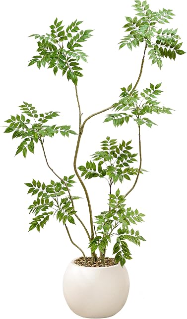 Arbre de Sumac artificiel, 5FT Faux Mahonia Fortunei Tree avec Pot blanc , Plante réaliste Faux arbre Intérieur pour la chambre à coucher Bureau Intérieur Salon Décoration, Vert