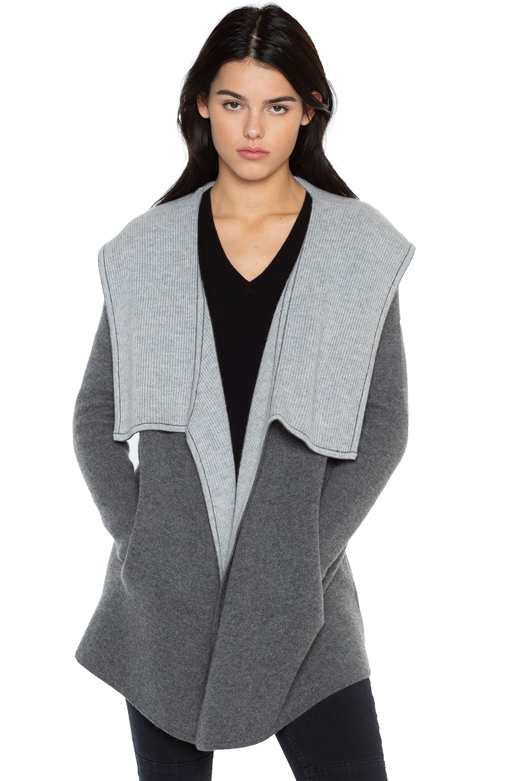 JENNIE LIU Womens 100 Pure Cashmere Long Sleeve 2-Tone Double Face Cascade Open Cardigan Sweater