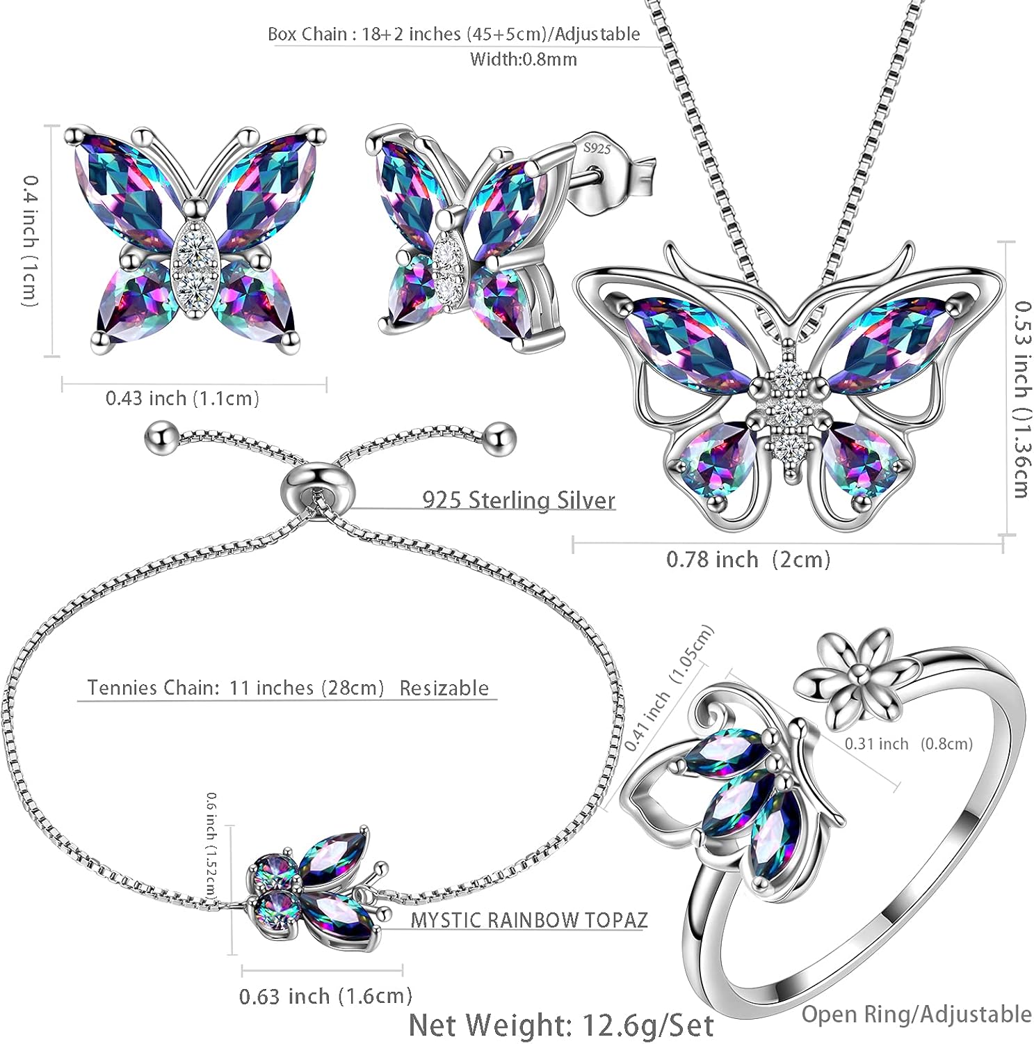 Aurora Tears Butterfly Jewelry Set,925 Sterling Silver Butterflies Birthstone Pendant Necklace/Earrings/Rings/Bracelets for Wedding Gift - Image 6
