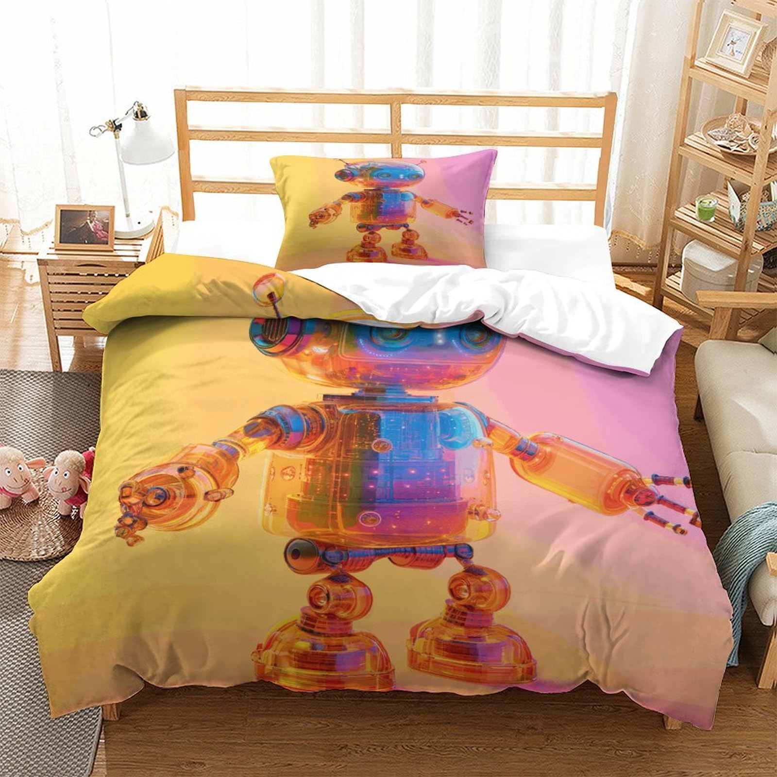 P1S9U7W5Y Colorful Toy Brick 3D Printed Duvet Cover Set Microfiber Robot Block Bedding Set 3pcs Single（135x200cm）