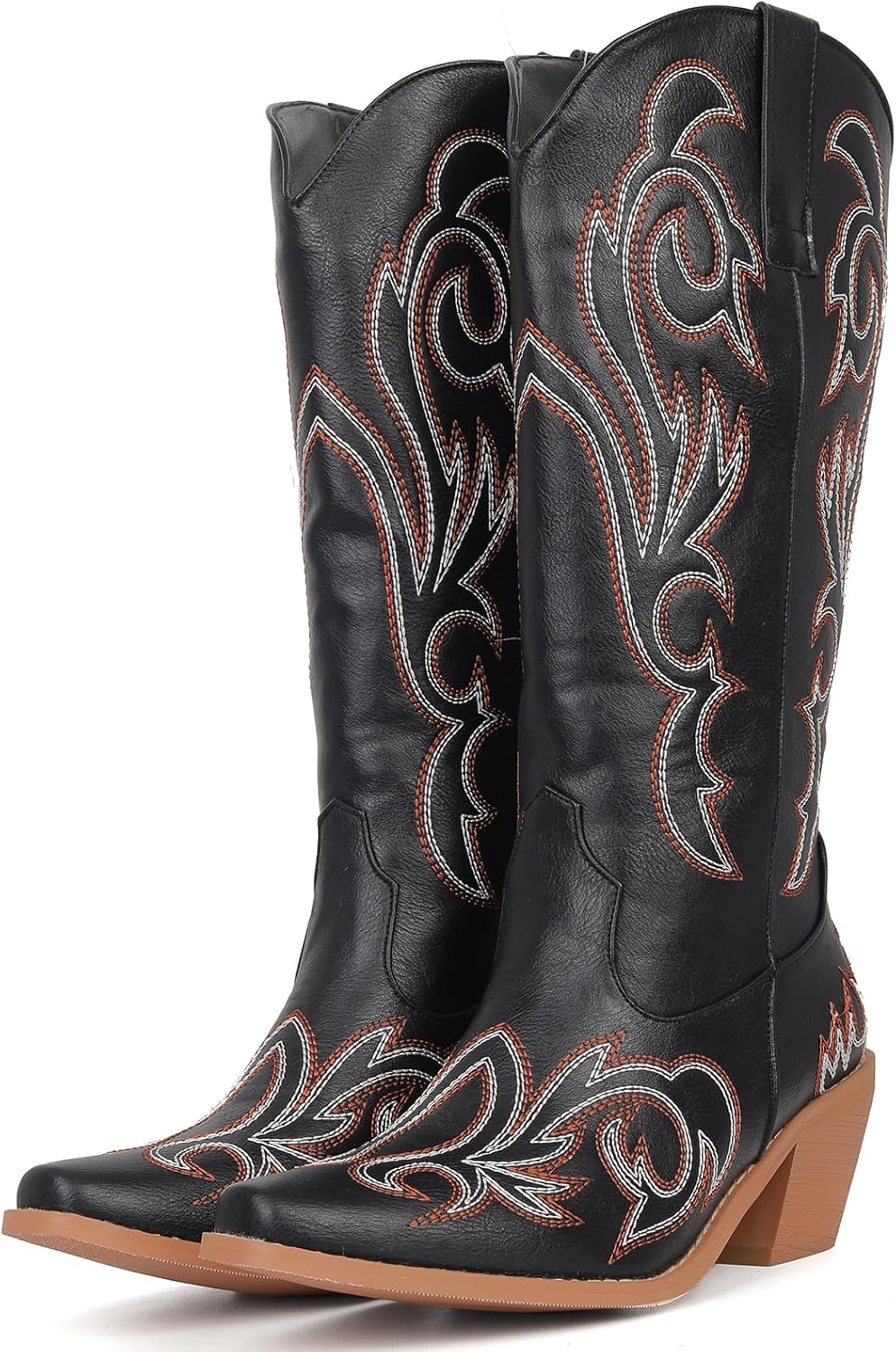 Women's Embroider Cowgirl Boots Snip Toe Slip On Bridal Floral Cowboy Boots Casual Knee High Western Boots - Image 3