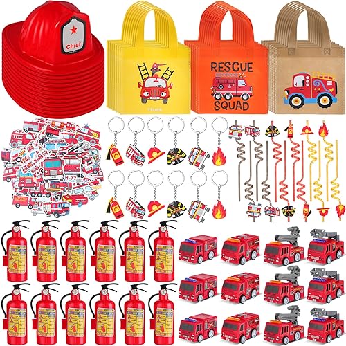 Miniatura 1 de RoundFunny Suministros de fiesta de bomberos para niños, incluyendo cascos de juguete de camión de bomberos, bolsa no tejida, mini bomberos y