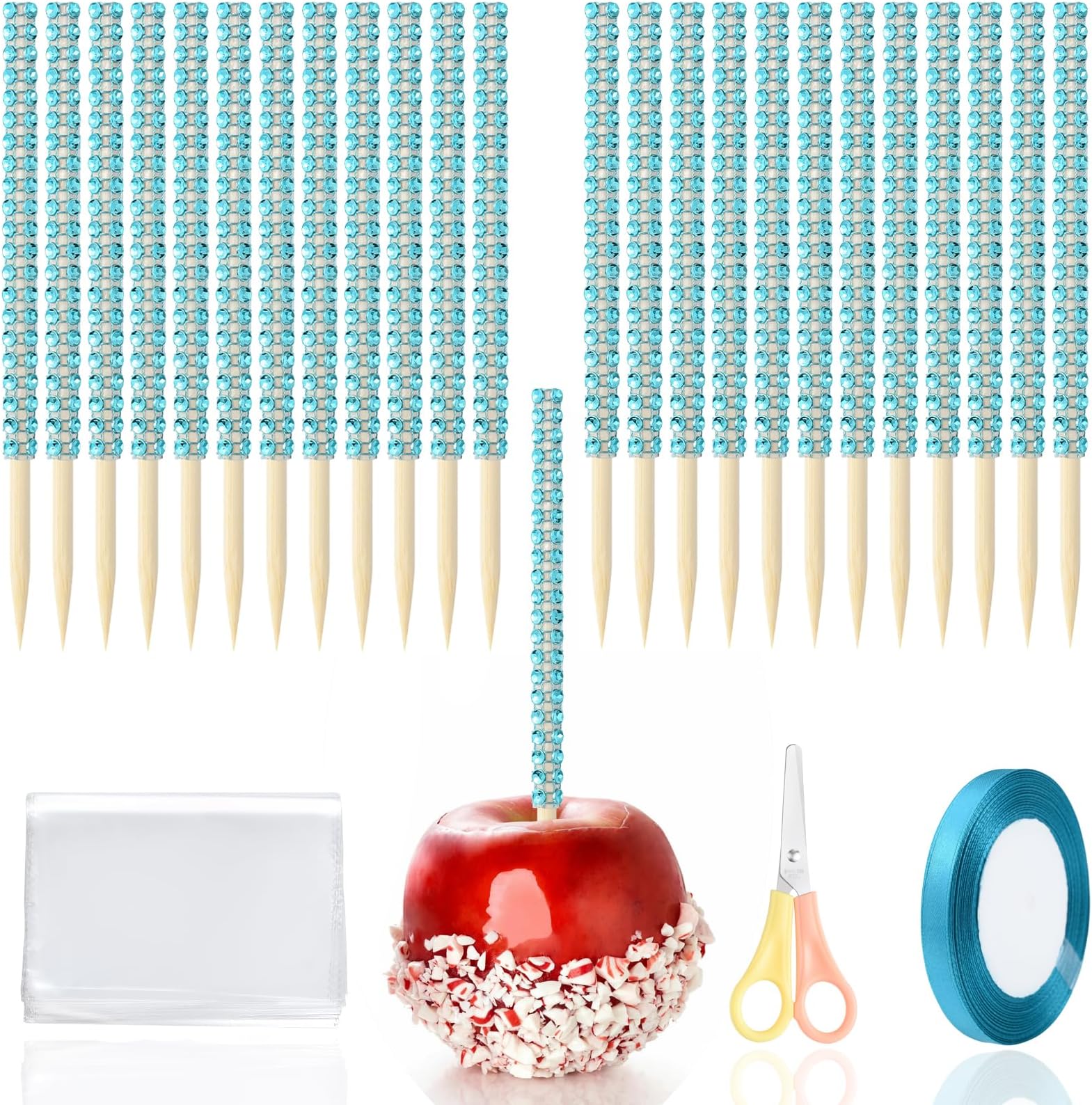 Candy Apple Kit 24Pcs Caramel Apple Sticks bling Cake Pop Sticks 24Pcs Candy Apple Bags with Scissor and Ribbon for Party Favor, Halloween, Christmas（Lake Blue）