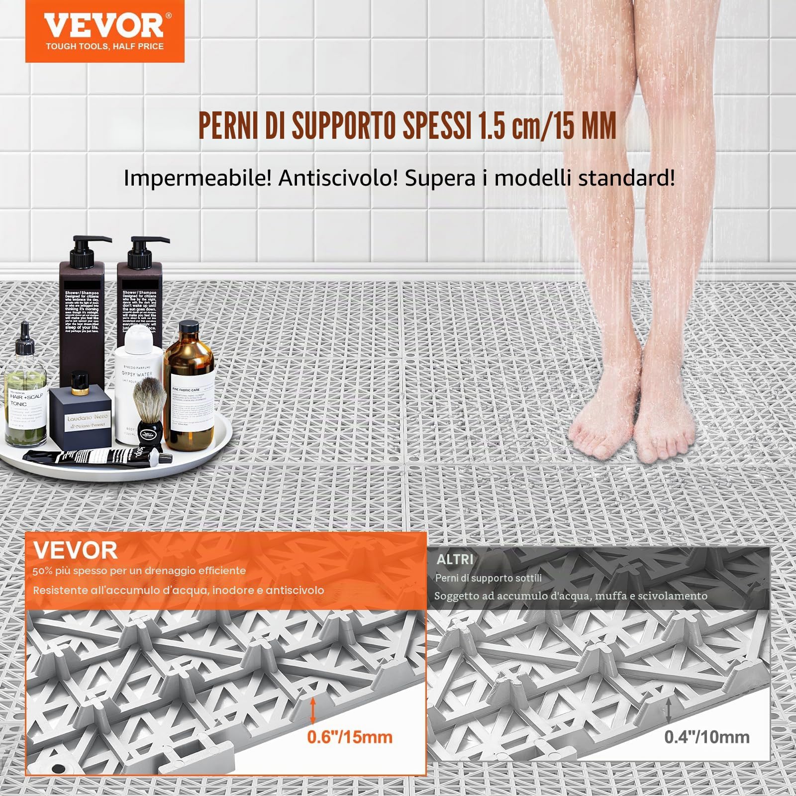 VEVOR Set 55 Piastrelle per Piscina da Giardino 30 x 30 x 1,5cm, Piastrelle Traforate Grigie per Pavimentazione Antiscivolo in PVC a Drenaggio Rapido per Interni & Esterni per Bagno Piscina Giardino