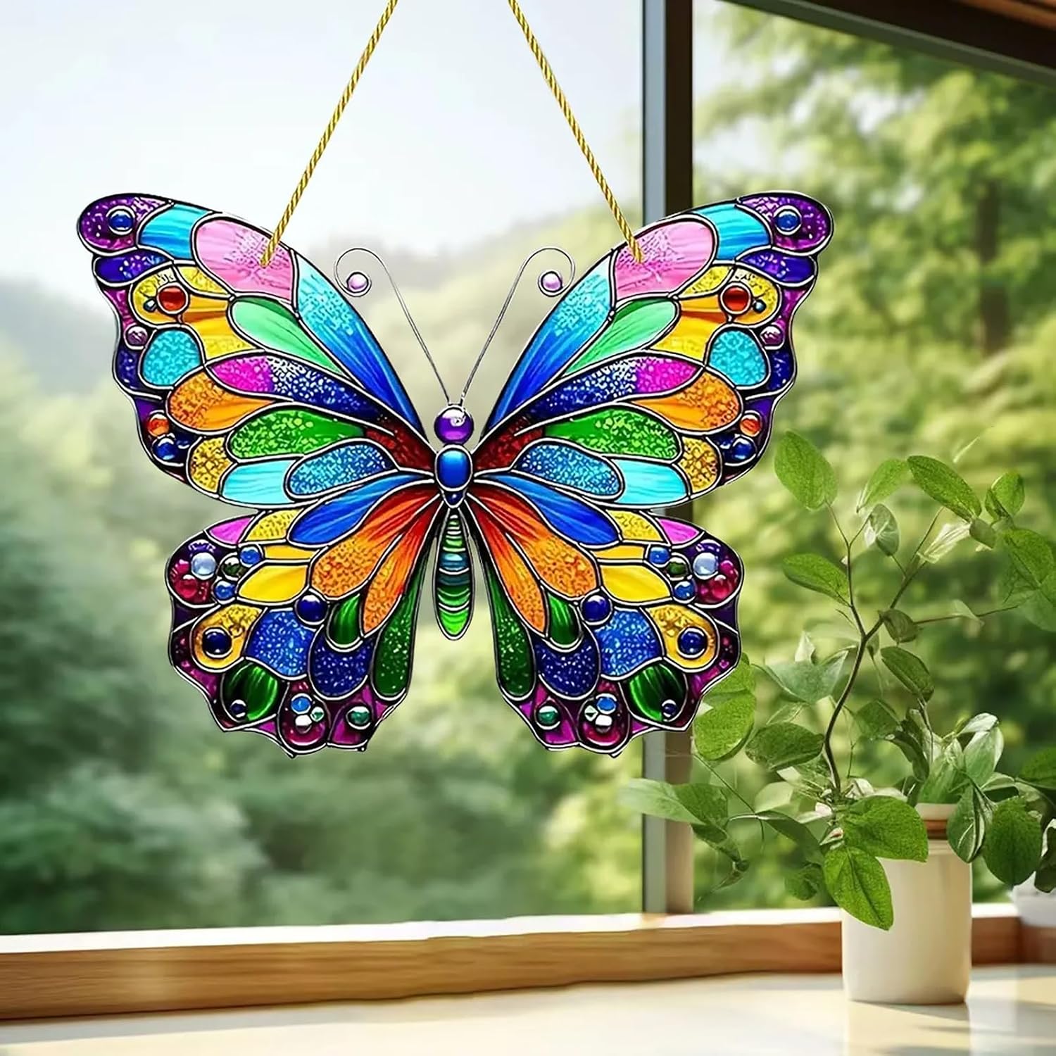 Banax 4 Pack Acrylic Butterfly Ornaments Set Butterfly Suncatcher for Windows, Stained-Glass Style Hanging Decor, Christmas Tree Ornaments & Home Window Art