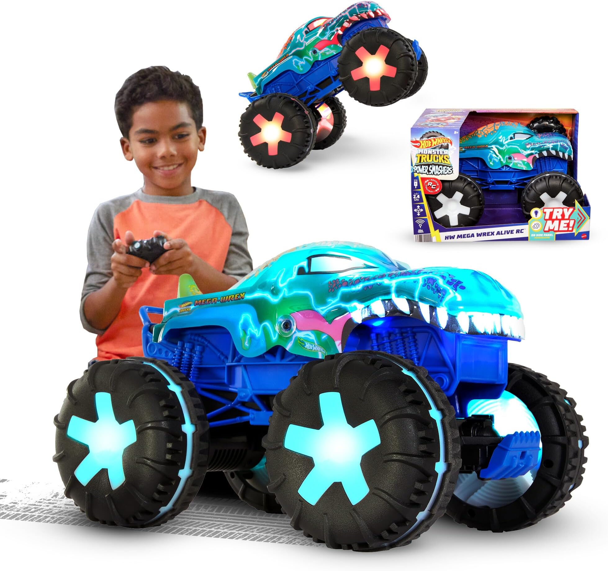 Monster Trucks Remote Control Car, 1:15 Scale Mega-Wrex Alive Battery-Powered RC Vehicle with Lights & Sounds, JBD90