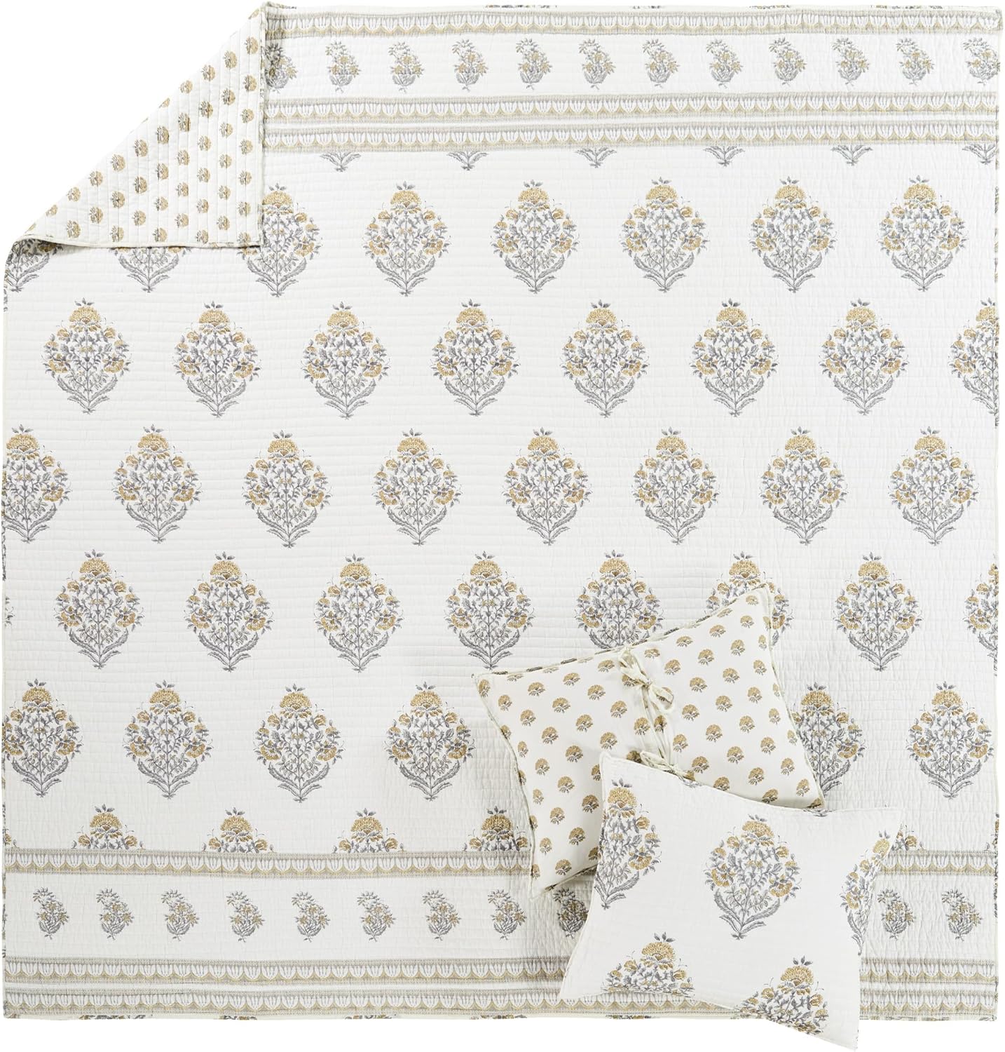 Levtex Home - Kamira Ochre Quilt Set - Full/Queen Quilt and Two Standard Shams - Bordered Floral - Ochre, Grey and Cream - Quilt (88x92in.) and Shams (20x26in.) - Reversible - Cotton - Image 5