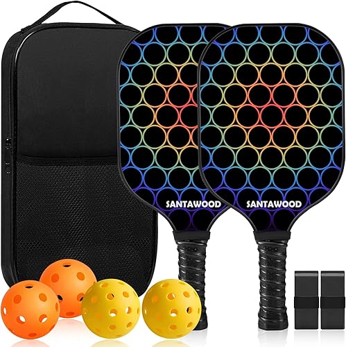 Juego de 2 palas de pickleball de fibra de vidrio, 2 raquetas de pickleball, 4 bolas, 2 agarres y 1 bolsa de transporte portátil, paquete de 2
