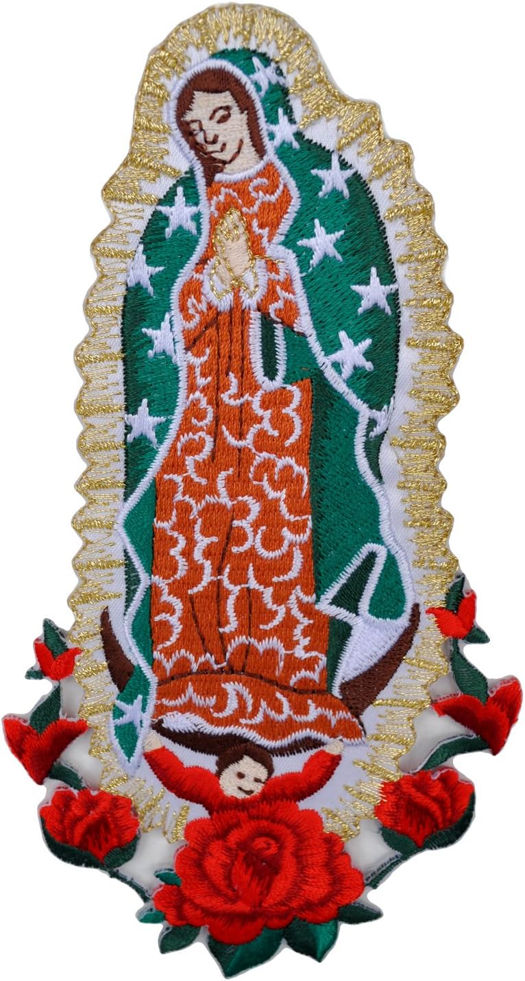 Guadalupe Virgin Mary Gold or Silver Baptism Christening Embroidered Iron On Patch Sold by Piece (Gold_4.75x2.5_NoWord)
