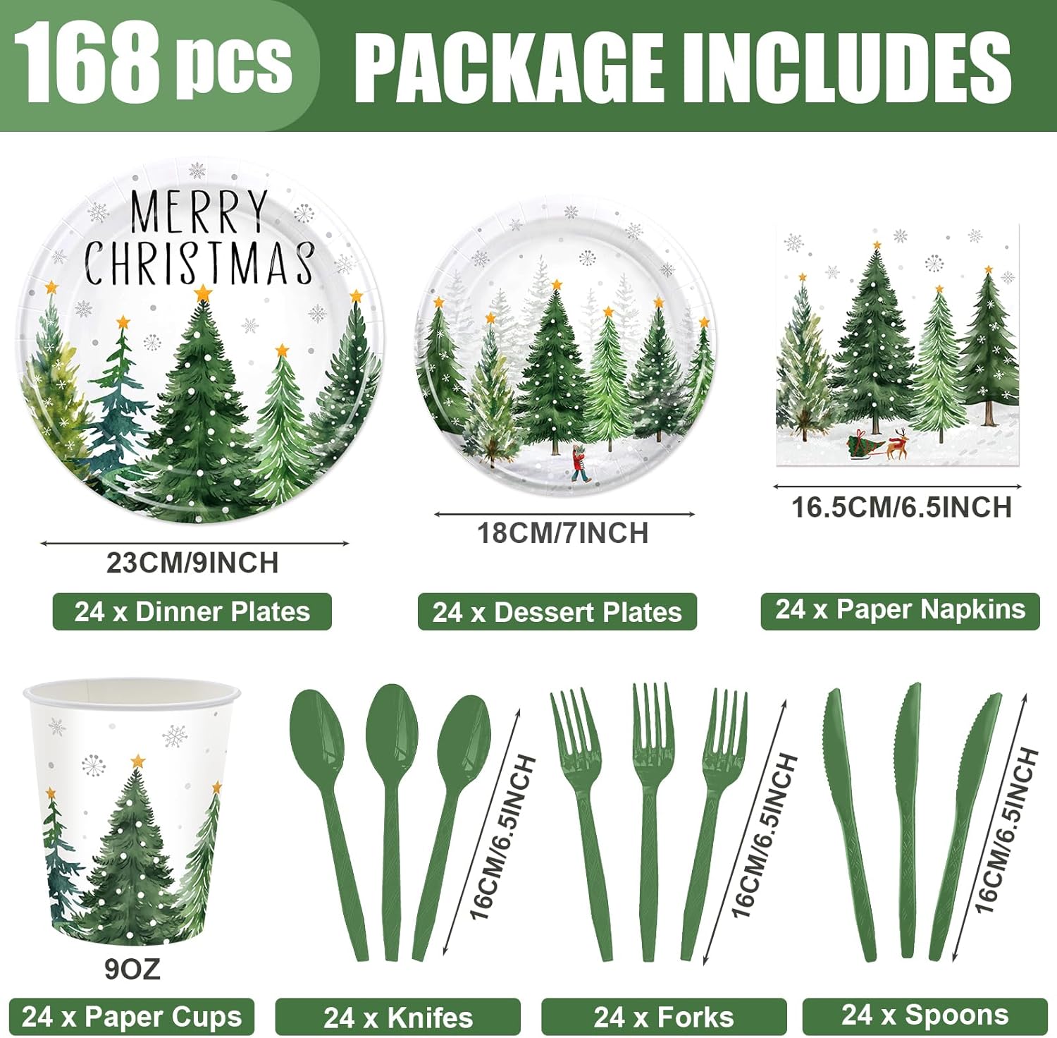 168PCS Christmas Trees Party Supplies Watercolor Green Cedar Snowflake Party Decorations Merry Christmas Paper Plates Cup Napkin for Xmas Winter Holly Snowflake Holiday Party Tableware Serves 24 - Image 2