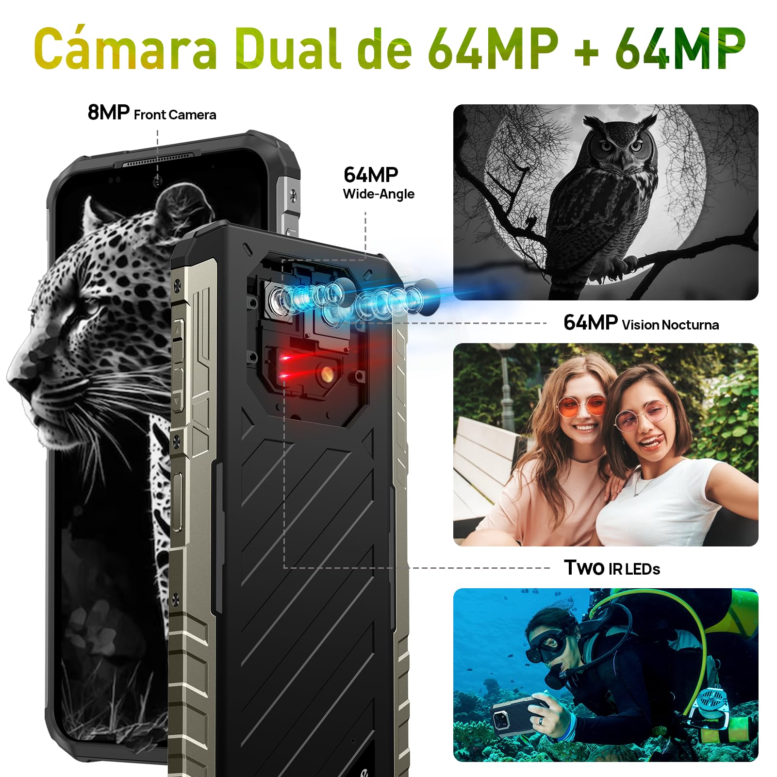 Ulefone Armor 22 Telephone Incassable 2026, Smartphone Android 15, 64MP Vision Nocturne, 16Go+128Go/SD-512Go IP68K Etanche 6600mAh/33W Écran 6 58" FHD+ 120Hz Double SIM 4G/NFC& Mode sous-Marin/Vert