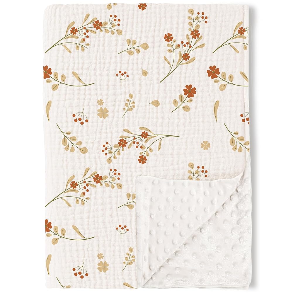 Konssy Baby Blankets for Unisex Boys Girls, Super Soft Nursery Minky Blankets with Muslin Cotton Front and Dotted Fleece Backing, Printed Bed Throws Newborn