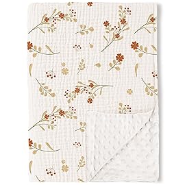 Konssy Baby Blankets for Unisex Boys Girls, Super Soft Nursery Minky Blankets with Muslin Cotton Front and Dotted Fleece Backing, Printed Bed Throws Newborn