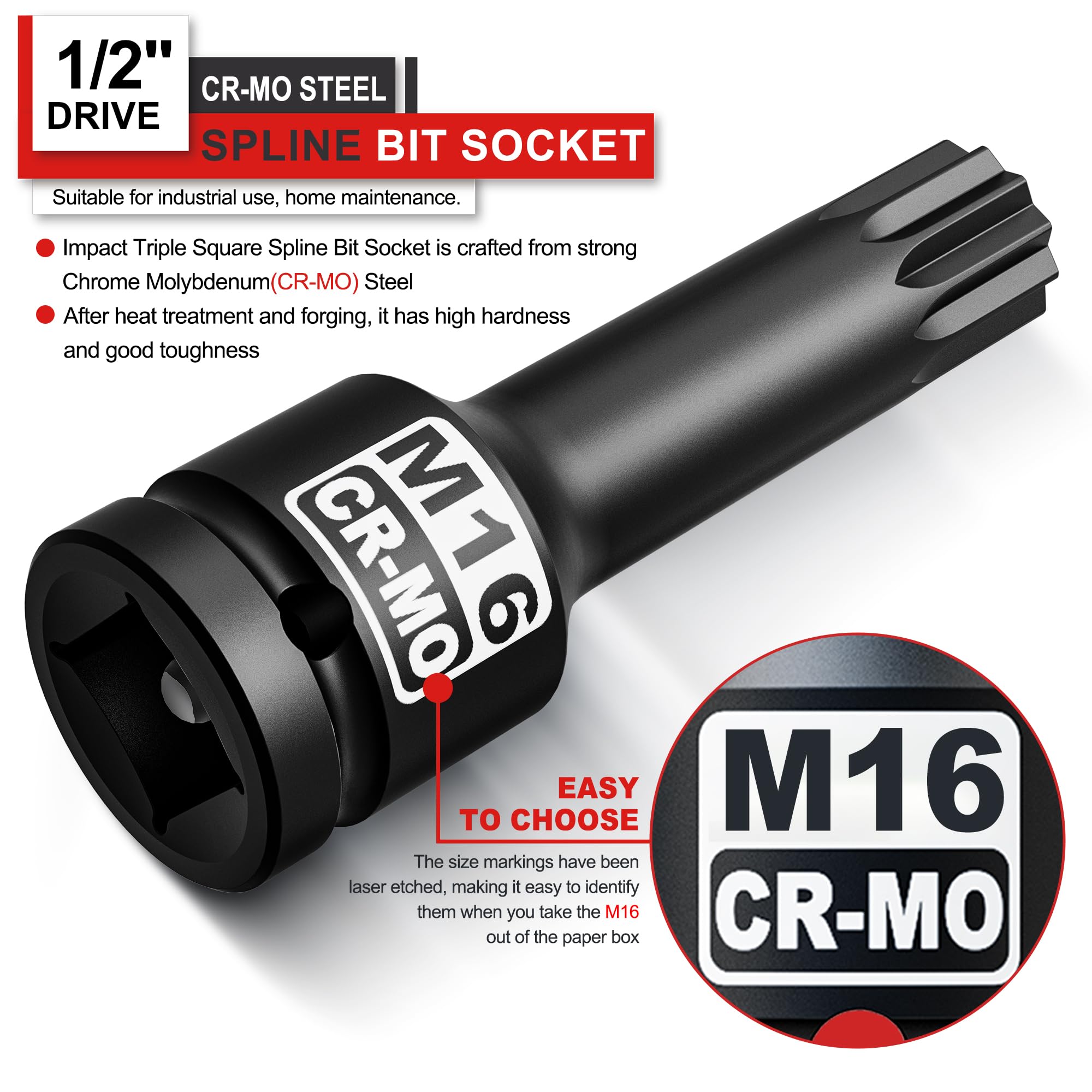 KIRXST Impact Triple Square Spline Bit Socket, 1/2" Drive M16 Spline Bit Socket, CR-MO Steel, 1/2" M16 Deep - Image 2