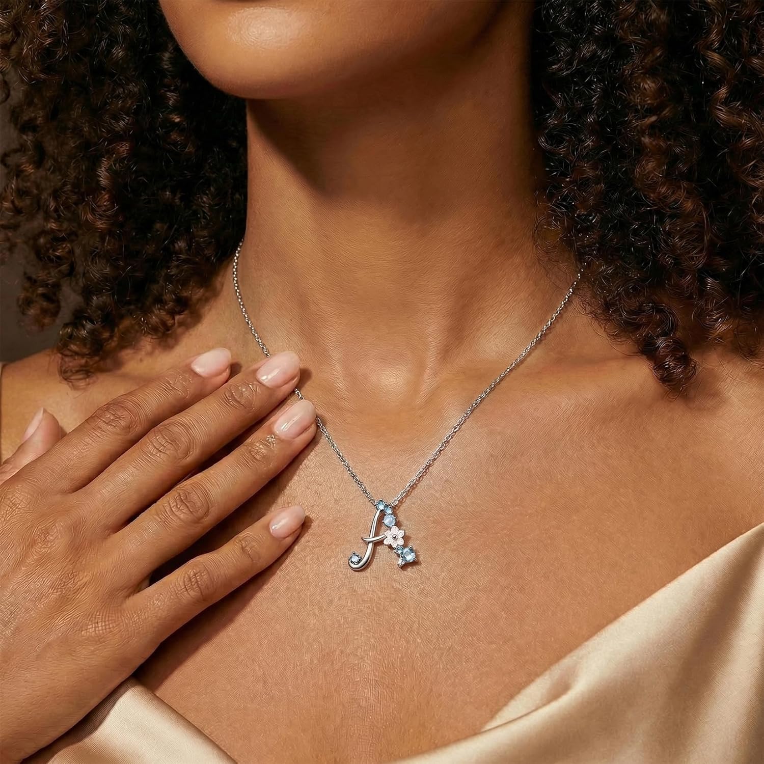 VIKI LYNN Initial Necklace for Women 925 Sterling Silver Initial A to Z Letter Pendant Necklace with Blue Flower Cubic Zirconia Birthday Engagement Gift for Women,Mom, Couple