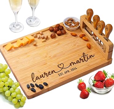 Personalized Charcuterie Board, Wedding Gifts for Couples 2026, Customized Cutting Board for Anniversary, Engagement, New Home, Christmas, Cumtom Engraved Cheese Board with Knife Set