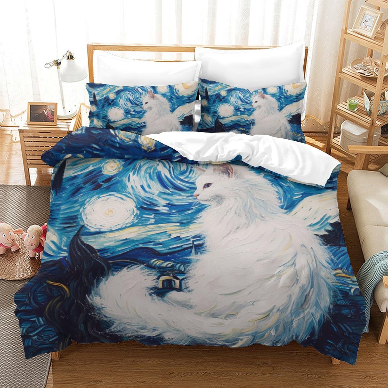 Parure de couette chat 3D en microfibre douce et thermorégulatrice pour lit ado