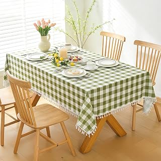 Tassel Checkered Table Cloth 58x102 Inch Long Rectangle - Farmhouse Rustic Fringe Plaid Tablecloth, Waterproof Gingham Buffalo Oblong Table Cover for Dining Room Large Tables