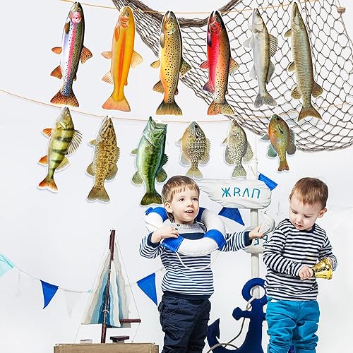 Miniatura 6 de Ushinemi Decoraciones de cumpleaños de pesca, suministros de fiesta de pesca con pez sol, trucha, lubina, bandera de pesca para adultos y niños