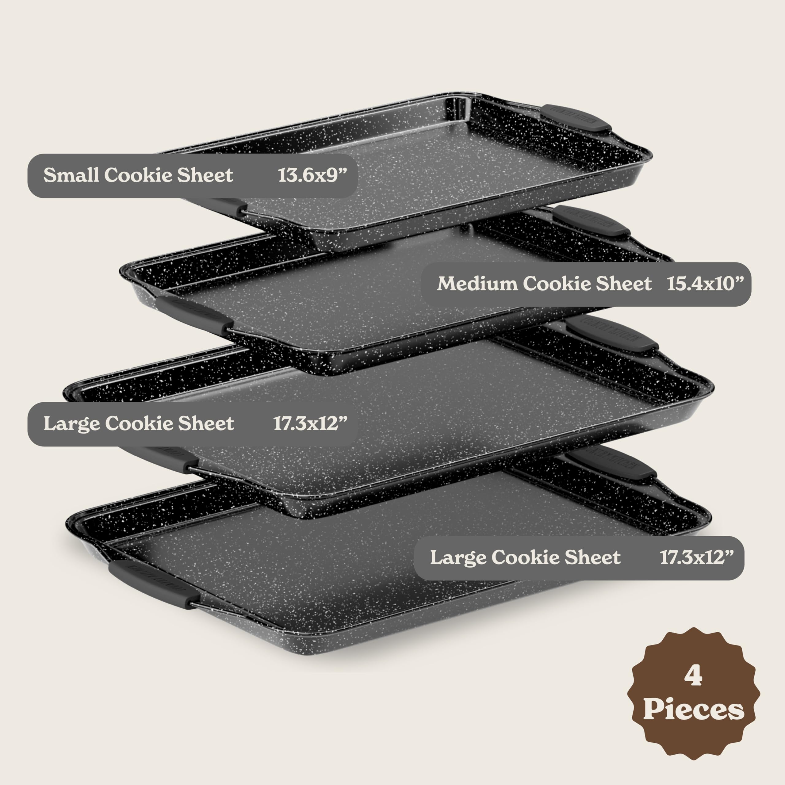 Country Kitchen Juego de 4 bandejas antiadherentes apilables para hornear, sin PFOA, PFOS, PTFE con revestimiento antiadherente, aptas para horno a 232.2 °C, bandeja para galletas (negro)
