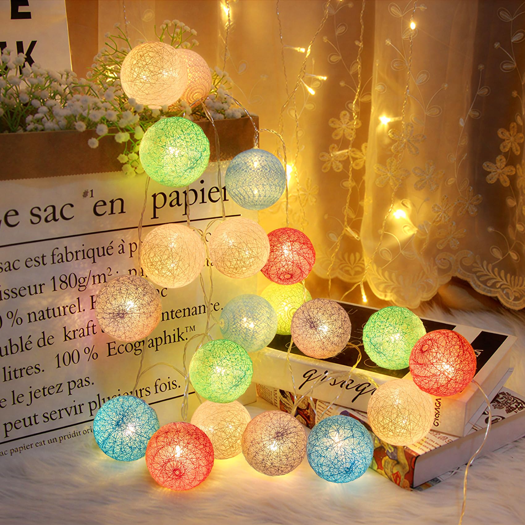 Photo 1 of Anordsem Cotton Ball Lantern String Lights, 10 LED, 6.88ft, 2 Pack