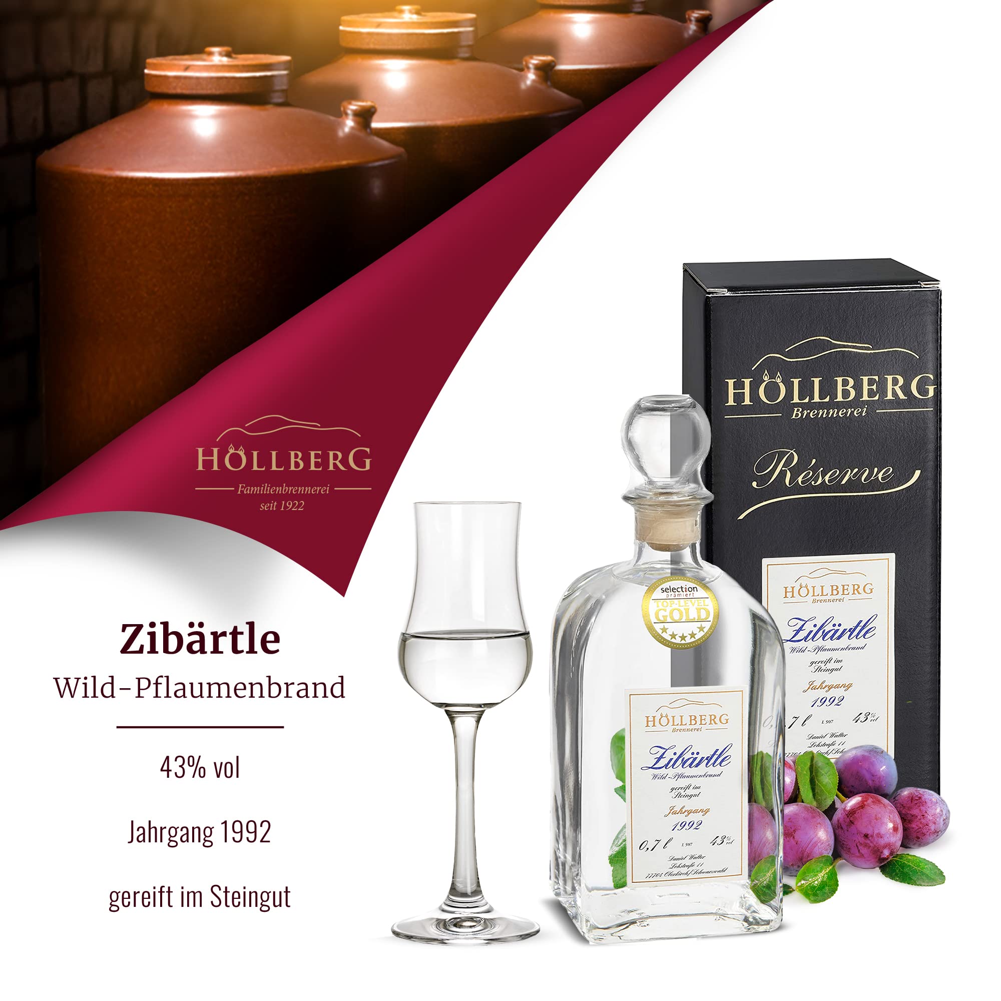 Zibärtle Carré "Höllberg" 43% vol., Jahrgang 1992, 0.7l - höchste internationale Auszeichnung (Gold Top Level) | Premium Obstbrand | Edelbrand aus Familienbrennerei