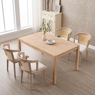 Woven Rattan Dining Chairs Set of 4 Barrel Dining Room Chairs with Wicker Backrest Farmhouse Kitchen Chair with Padded Seat for Dining Room Kitchen Restaurant, Beige Seat/Natural Wooden Frame
