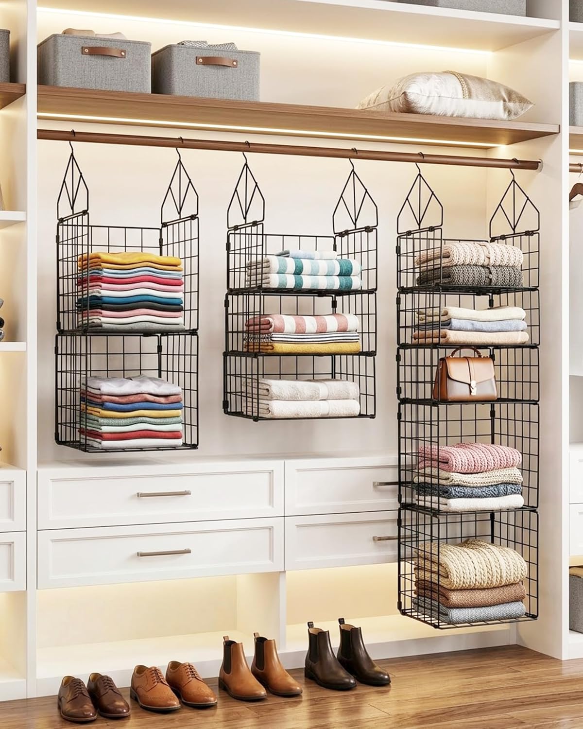 5 Tier Closet Hanging Organizers and Storage - 3 + 2 Tier Metal Storage Shelves with 2 Hooks for Storing Clothes, Jumpers, Socks, Handbags, Suitable for Wardrobes, Kitchens and Laundry Rooms