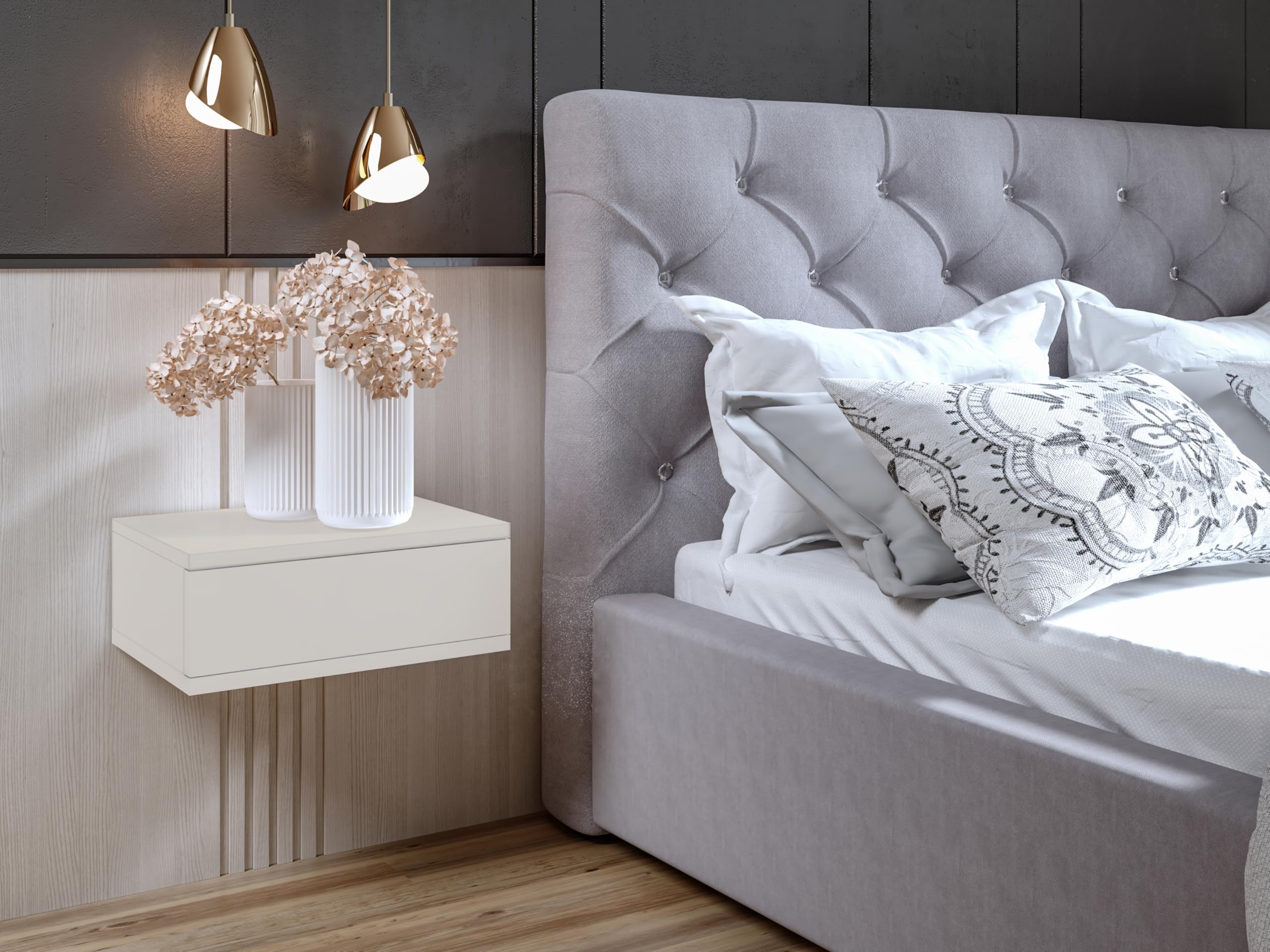 Happy Babies Hängender Nachttisch Weiß Wandregal mit Schublade Nachtkonsole Deco für Schlafzimmer Eleganter Nachtkommode Kaschmir - Kaschmir, Nachttisch schmal