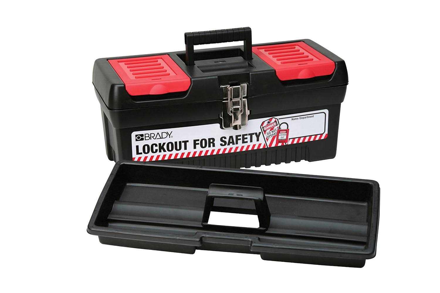 Brady Polypropylene Lockout Toolbox, Legend "Lockout For Safety", Medium, 7.8" Height, 16.2" Width, 7.3" Depth, Black - 105906