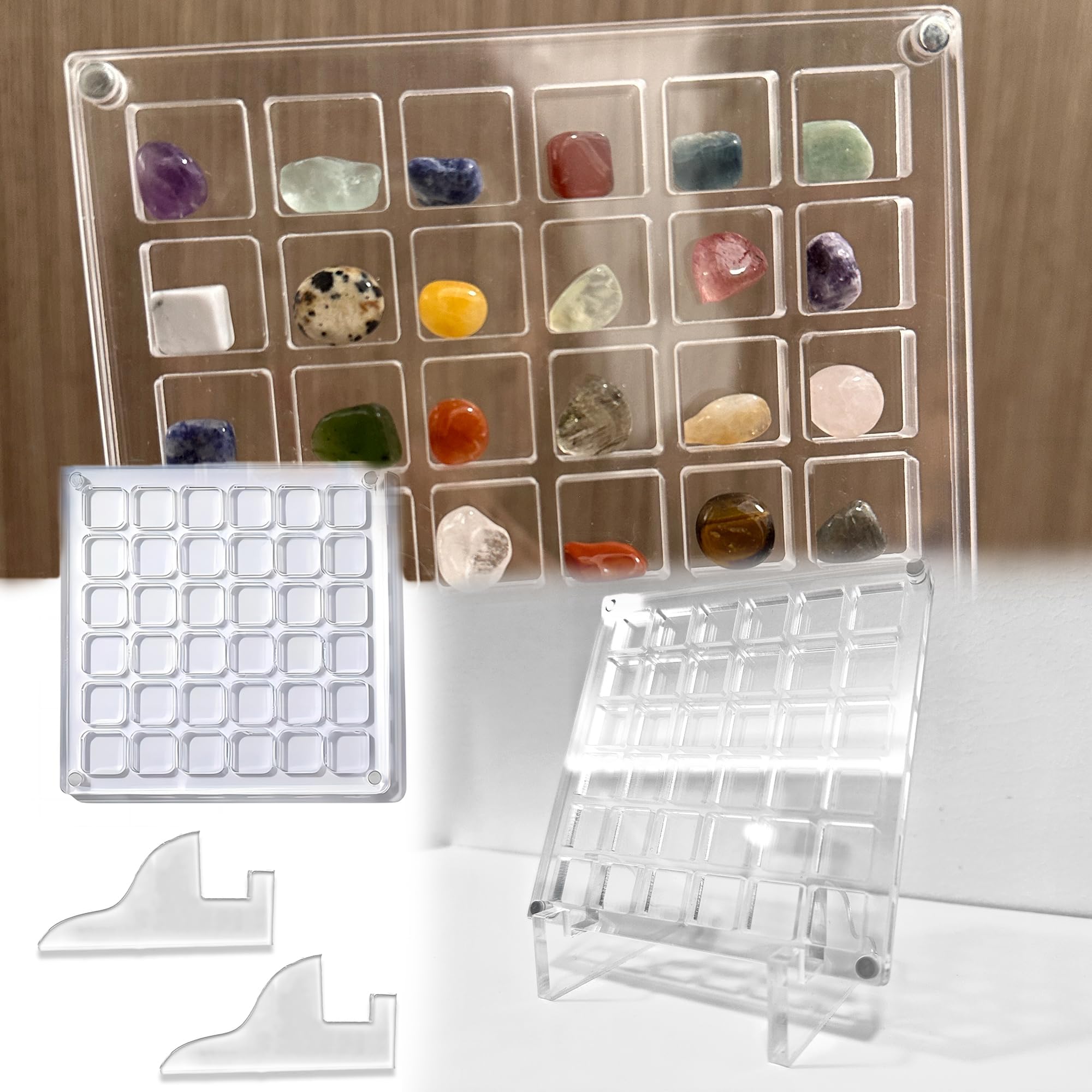 Clear Acrylic Organizer Box for Storage Display Small Mini Tiny Rock Gemstones and Crystals Seed Bead Sea Shell, Magnetic 4x4 Picture Frame with Acrylic Stand (36 Grid)