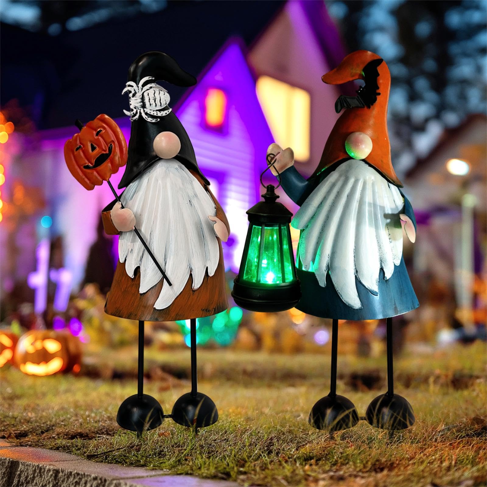 HONGLAND Metal Gnome Statues Set of 2 - Outdoor Year-Round Garden Yard Art Decor, Black&orange