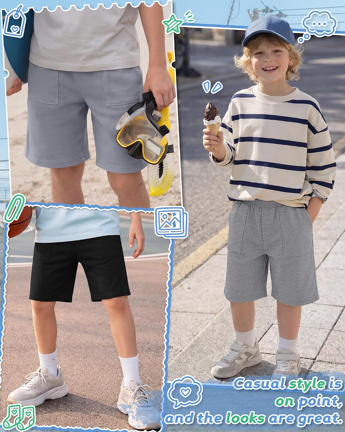 5 Pack Boys Shorts Kids Athletic Summer Knee Length Sweatshort Teen Drawstring for School Short Pocket 6-16Y