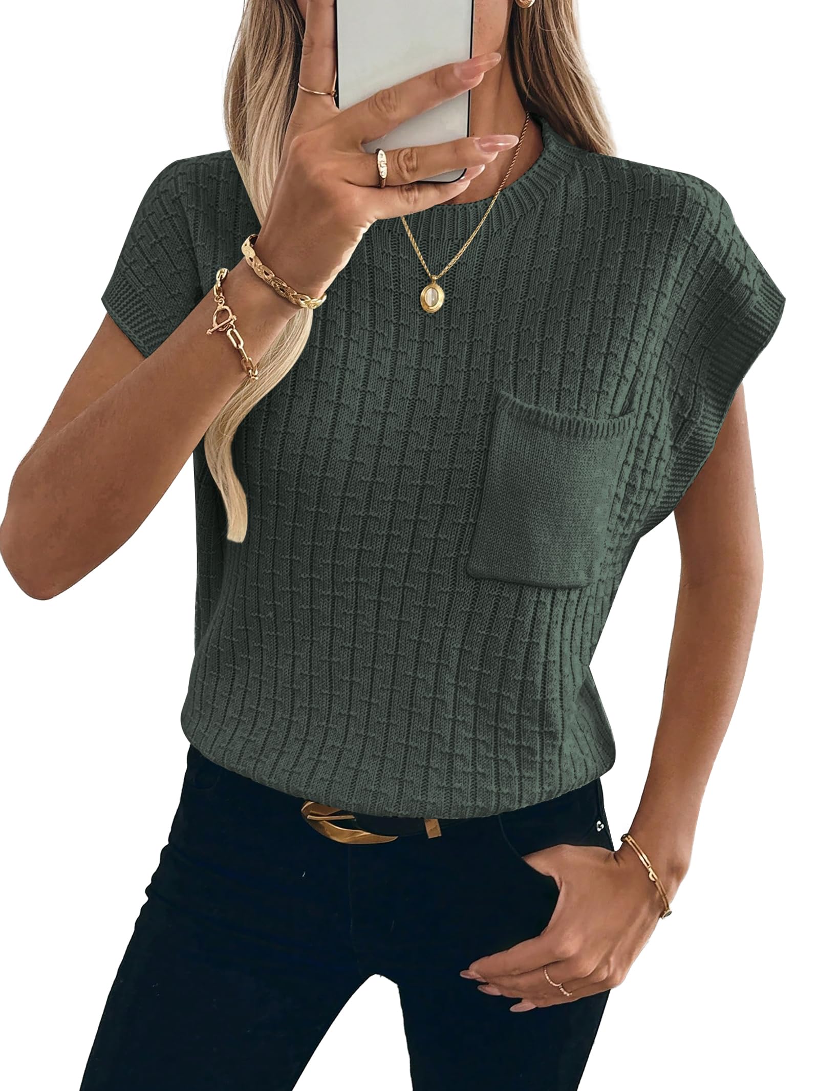 Womens Short Sleeve Sweaters Summer Cap Sleeve Tops Casual Crewneck Loose Lightweight Knit Sweater Vest