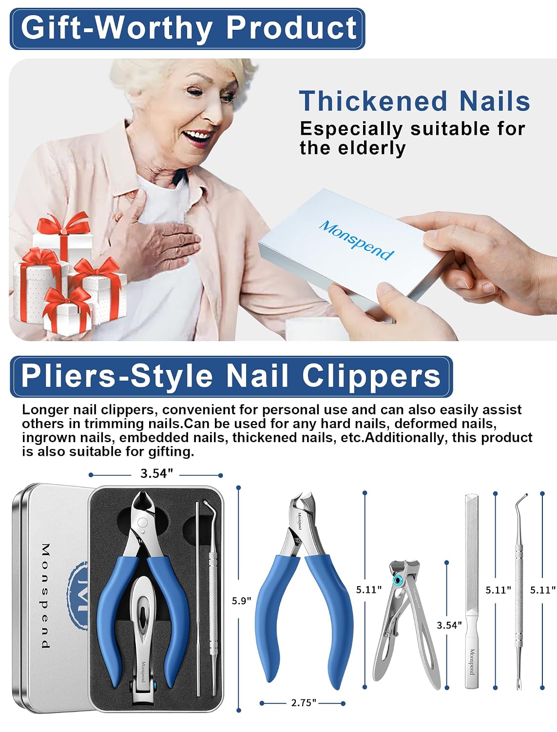 Toenail Clippers for Seniors Thick Toenails, Heavy-Duty Toenail Clippers, Adult Thick Toenail Long Handle,Aluminum Storage Box (Blue)