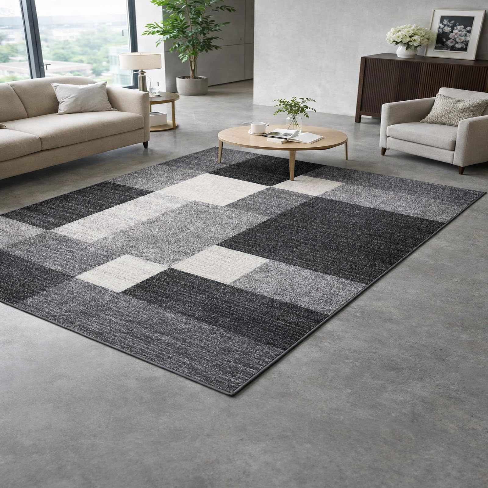 Tapis de salon poils ras facile à nettoyer pour salon et meuble TV