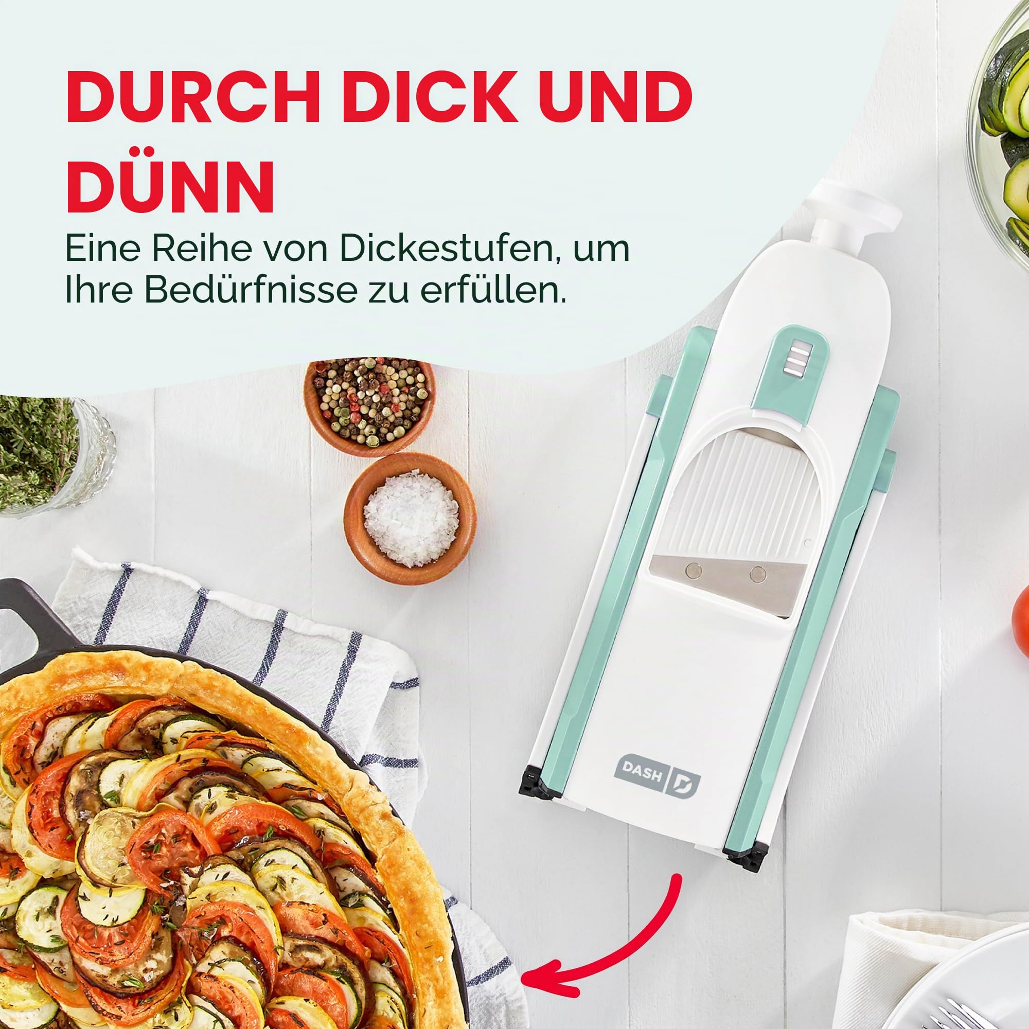 DASH Safe Slice Mandoline Slicer, Julienne + Dicer für Gemüse, Meal Prep & More mit 30+ Voreinstellungen & Dickenversteller, Presets, Aqua