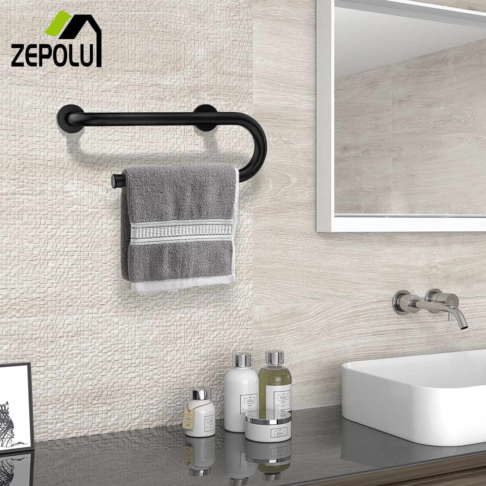Right Hand Toilet Paper Holder Grab Bar 16 Inch - 1" Diameter, Zepolu Oil Rubbed Black 2-in-1 Toilet Grab Bar, Stainless Steel Safety Grab Rail Balance Bar Assist Handle for Senior Elderly Handicap