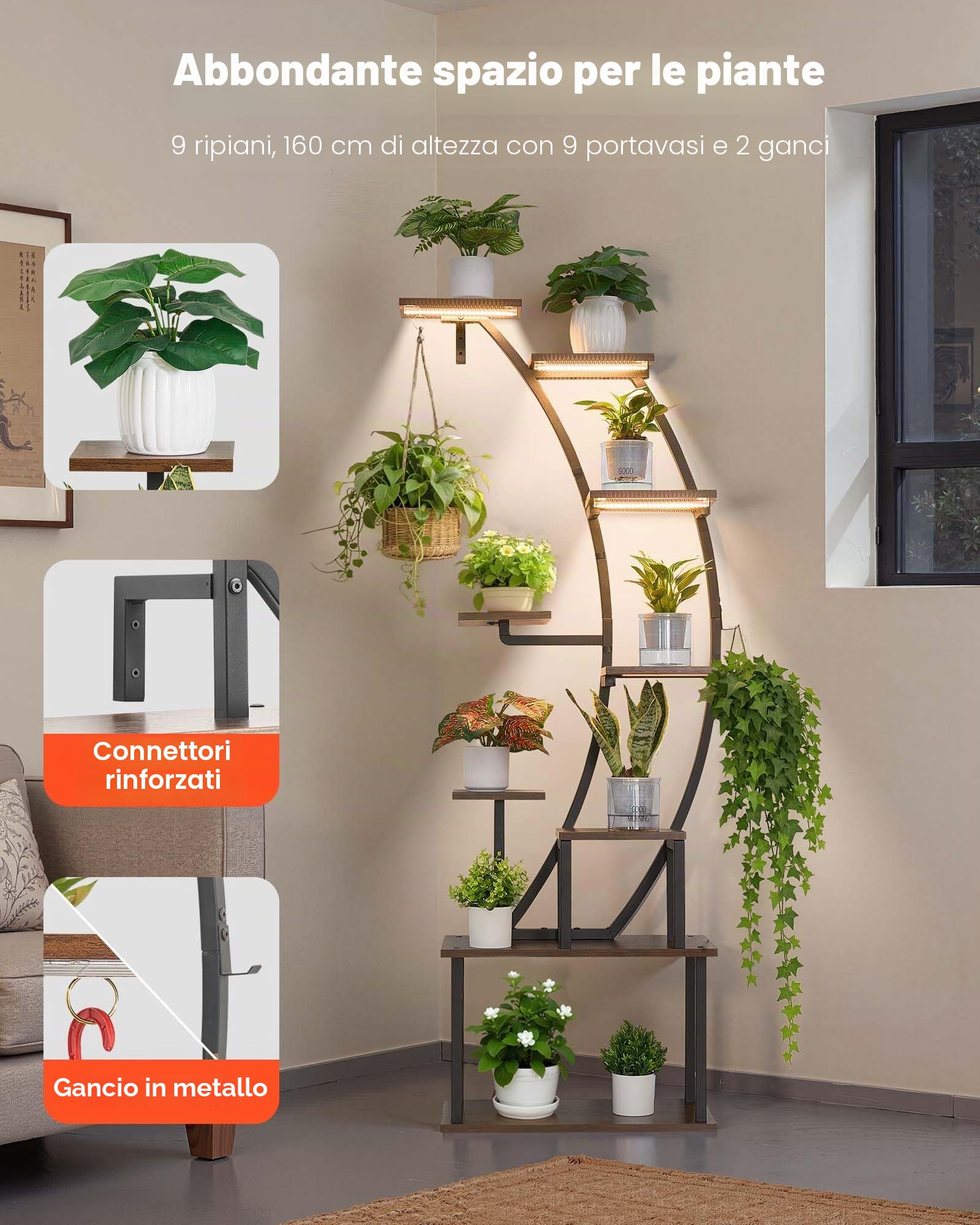 VEVOR Scaffale per Piante Moderno con Luci di Crescita, Scaffale Illuminato per Piante a 9 Livelli Alto 1600 mm, Supporto Angolato in Metallo, 3 Timer e 10 Livelli di Luminosità, Espositore per Fiori