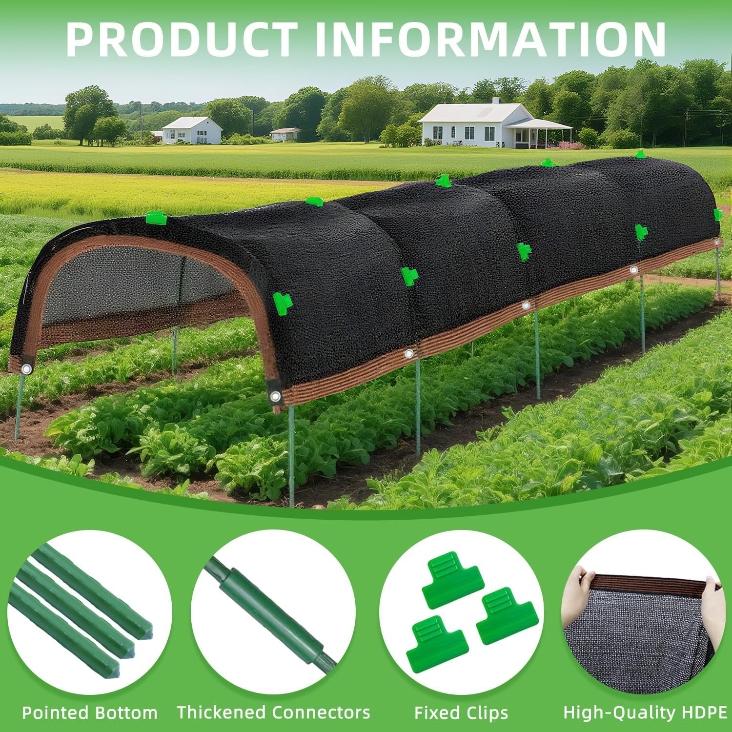 Garden Shade Cloth Kit 78.7"x59" Garden Sun Shade Cloth with Hoops for Heat Protection 75% Black Plant Shade Cloth Garden Greenhouse Grow Tunnel Shade Cloth Row Cover for Outdoor Plants Vegetables