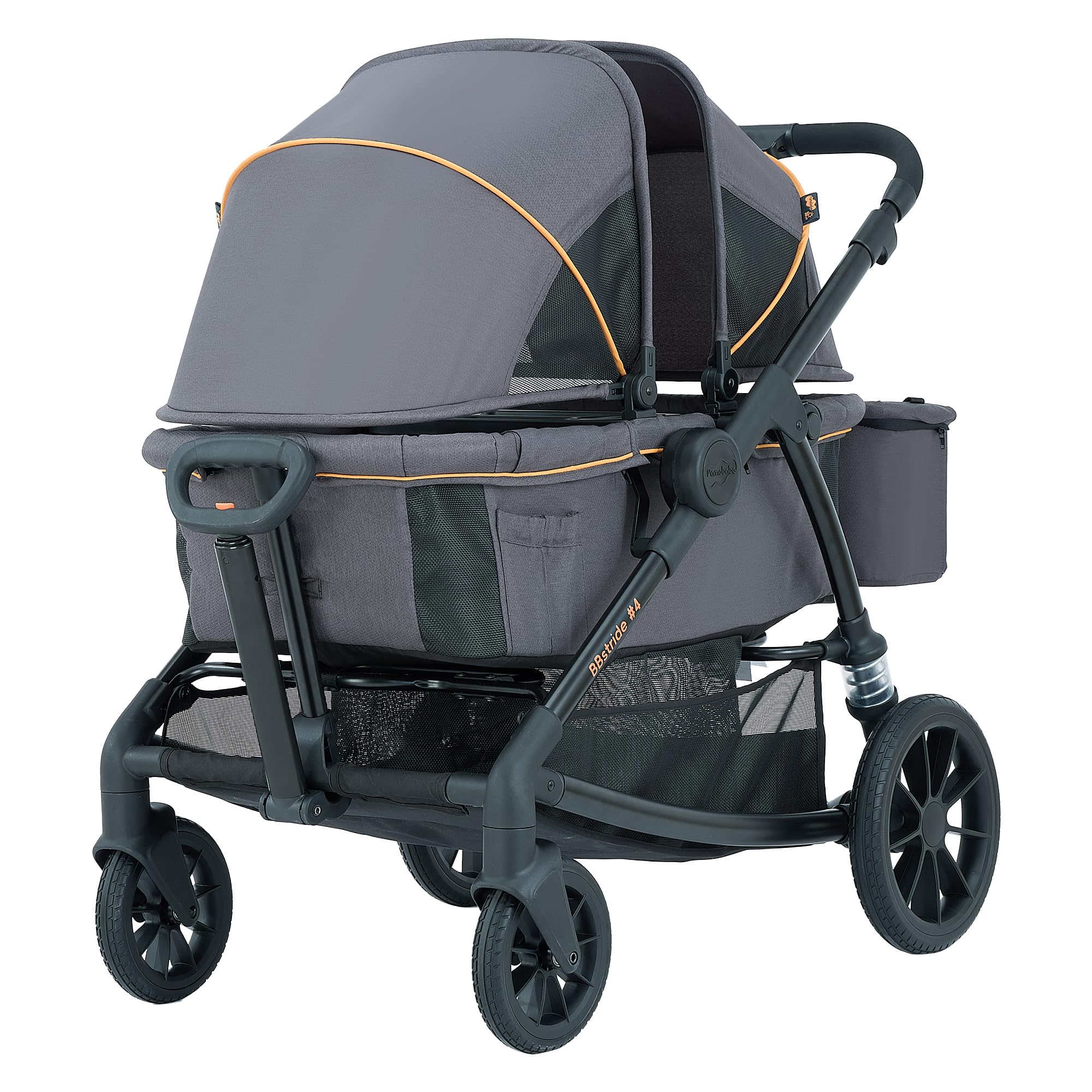 Pamo Babe All-Terrain Wagon Stroller for Two Kids, Double Stroller with Push or Pull Handle, Canopy, Storage Basket, Dinner Plate, Oversized Damping Wheels, Mosquito Net and Rain Cover Grey