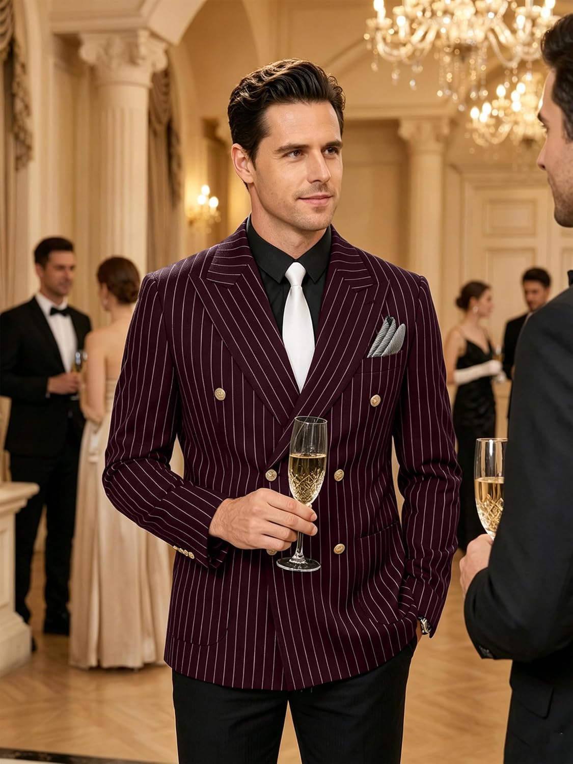 Suits for Men 2 Pcs Double Breasted Suit Stripes Blazer&Black Pants | Mens tuxedo suit formal, pinstripe suit blazer high lapel,black dress pants,wedding outfit for men