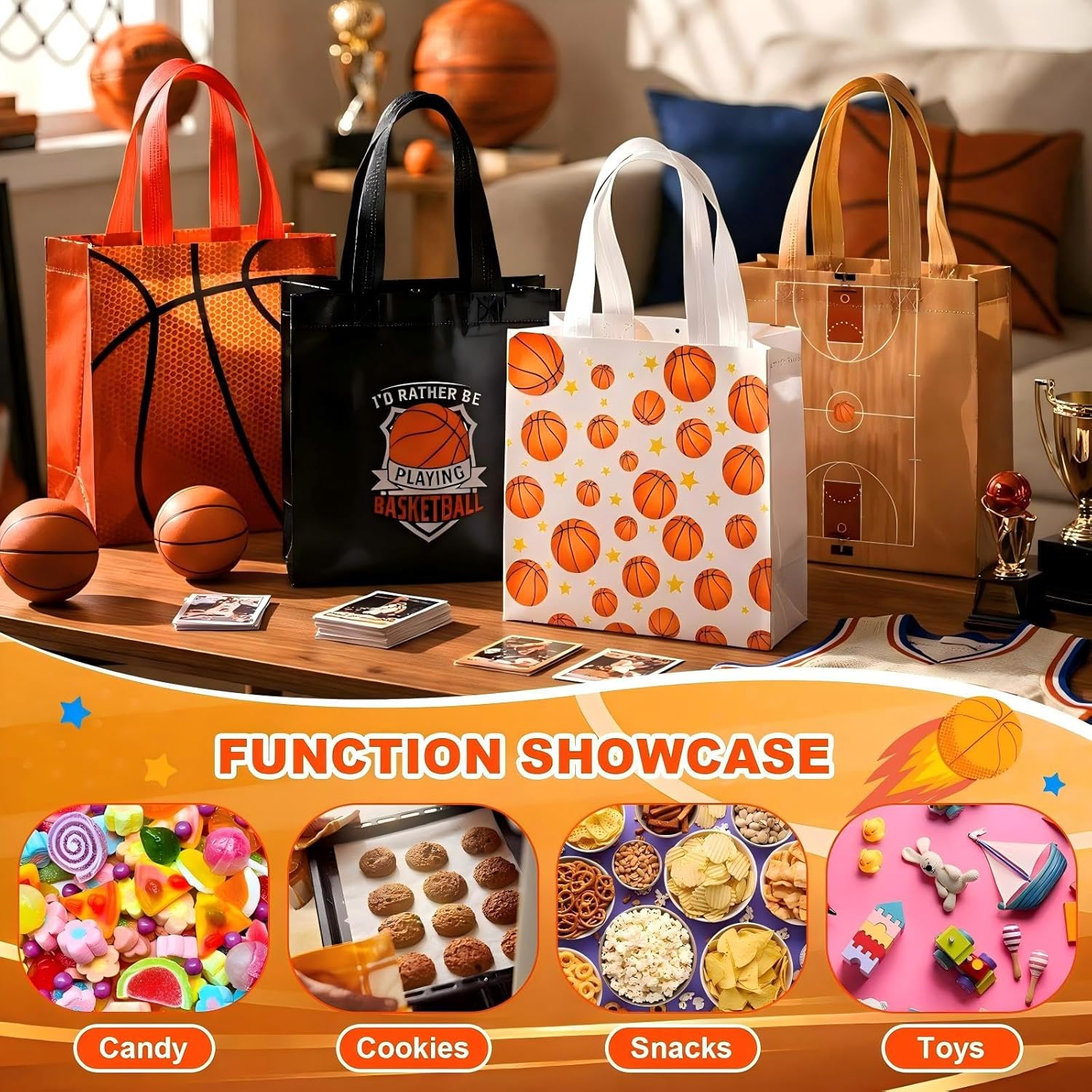 Yeyeplum 24 Pcs Basketball Gift Bags Bulk for Team Sport Theme Party Favor Bags with Handles 8 x 8 Inches 4 Style Non Woven Reusable Goodie Snack Toy Packing for Sports Birthday Party Decor - Image 4
