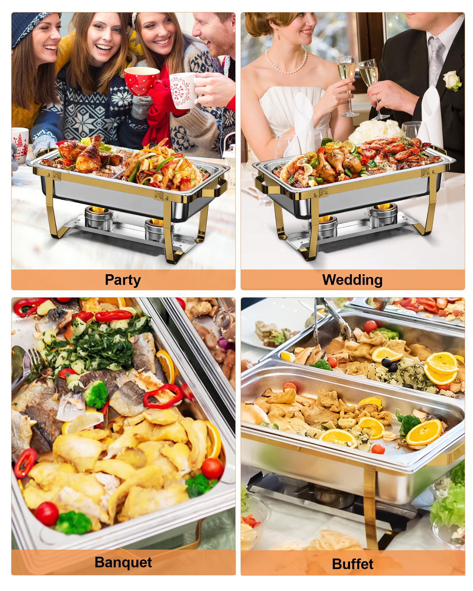 Gold Chafing Dish Buffet Set 9L,Buffetwärmer[Rollranddesign],2pcs Edelstahl Warmhaltebehälter [Elegante Gold und Silberfarben] Speisenwärmer Rechaud für Catering Buffet und Party