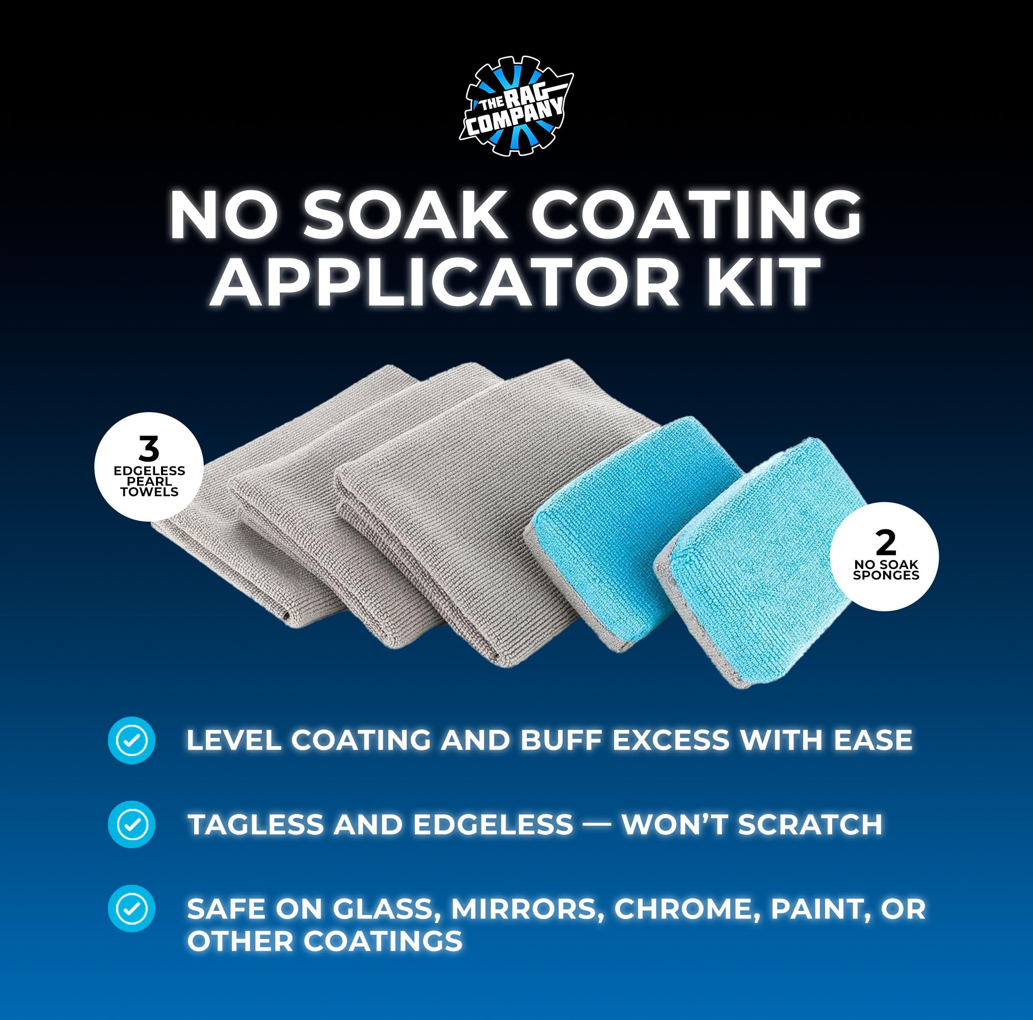 The Rag Company - Applikator-Set ohne Einweichen – Mikrofaser-Beschichtungsschwämme mit Einweichbarriere Plus 3 kratzfreie und kantenlose 70/30-Mischung Mikrofaser-Handtücher zum Polieren/Nivellieren